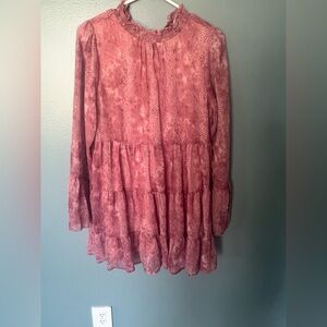 TCEC Pink Ruffled Midi Dress with Mandarin Collar